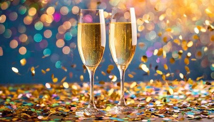 a two glass of sparkling wine on a colorful confetti on blur festive background