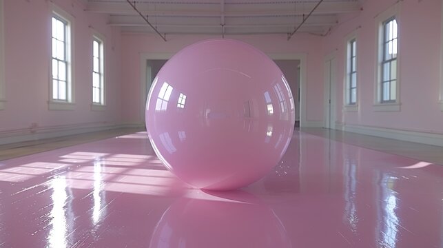  a large pink ball sitting on top of a pink floor in a room with two windows and a large pink ball in the middle of the floor.