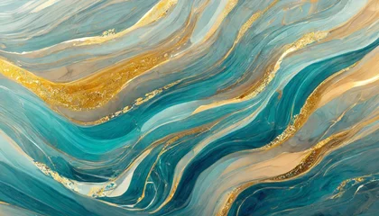 Fotobehang marine blue ocean swirls fluid acrylic paint luxury background texture pattern background wallpaper © Kristopher