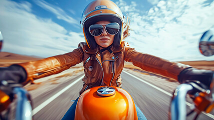 Biker girl in helmet and leather jacket riding a motorcycle on the road.  