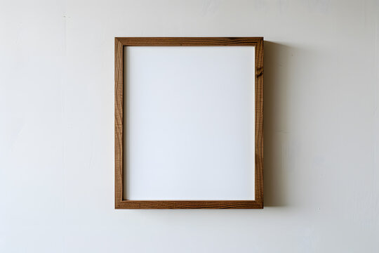 Rectangular wooden picture frame on white plaster wall in artsy room design