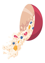 Oatmeal breakfast porridge icon, bowl with fruit and berries in milk. Healthy nutrition meal concept.  illustration isolated on white background