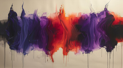  an abstract painting of purple, red, and orange colors on a white background with dripping paint on the bottom half of the painting.