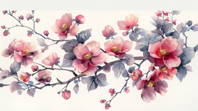  a painting of pink flowers on a branch with leaves and buds on a white background with a white back ground.