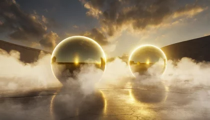 Foto op Plexiglas two bright neon glowing spheres in thick smoke over the concrete surface futuristic world landscape background with illumination objects for banners posters 3d rendering modern design © Kristopher