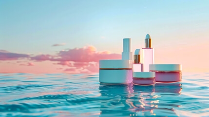 Cosmetic products on a blue background Cosmetic branding, packaging and make-up concept, moisturizing lotion and lifting cream emulsion, anti-aging cosmetics for luxury beauty skin care brand design. 