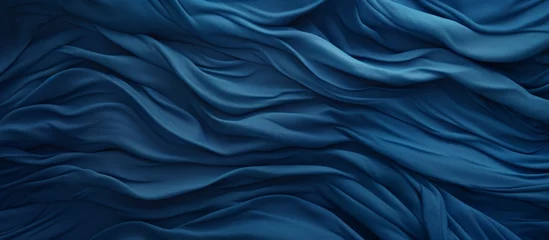 Poster A close up of a fluid, electric blue silk cloth with a mesmerizing wind wave pattern, resembling the fluidity and movement of water © AkuAku