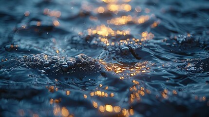  a close up of water with a lot of bubbles on the surface of the water and the light reflecting off of the water. - obrazy, fototapety, plakaty