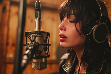 A portrait of a female singer recording live at the microphone in a studio