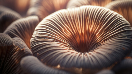 macro photography shot of mushroom gills, this could serve as an educational tool in a biology textbook or as part of a natural science exhibit.