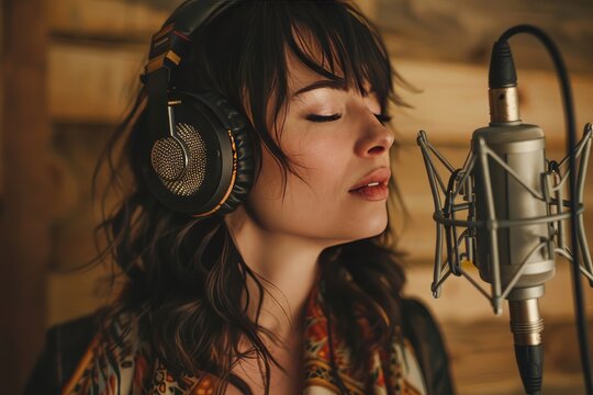 A portrait of a female singer recording live at the microphone in a studio