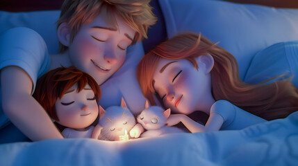 A heartwarming digital image depicting a smiling family and their two kittens enjoying a peaceful sleep together.
