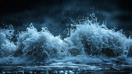  water splashing on top of each other on a black and white background with a dark sky in the background.