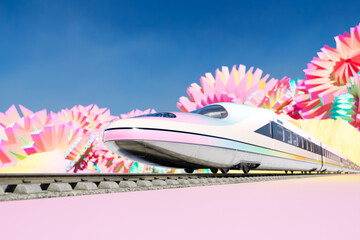 Futuristic High-Speed Train Gliding on Tracks Against a Vivid, Abstract Backdrop