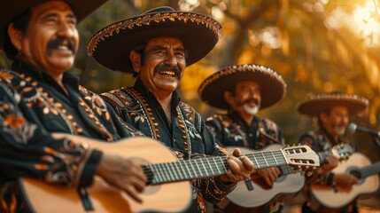 Mariachi band playing guitar, latin men in a Mexican fiesta - obrazy, fototapety, plakaty
