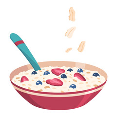 Oatmeal breakfast porridge icon, bowl with fruit and berries in milk. Healthy nutrition meal concept.  illustration isolated on white background