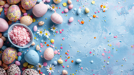 Colorful Easter eggs with sprinkles and sprinkles on blue background