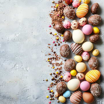 Easter eggs and chocolate candies over grey concrete background. Top view with copy space