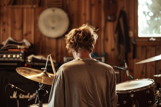A young man plays drums in a music studio