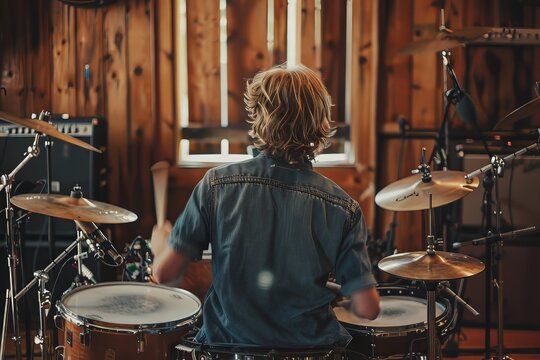 A young man plays drums in a music studio