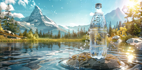 Refreshing bottled water resting on stone against the breathtaking backdrop of majestic mountains. A symbol of purity, nature, and healthy hydration