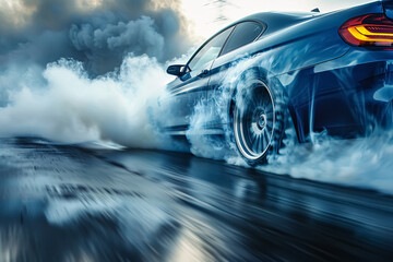 Smoke coming from the tires of a beautiful drifting sports car.  sport car on the road with motion blur background. 3d rendering. 