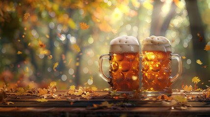 3D render of Oktoberfest celebration scene, featuring a close-up of traditional German beer mugs clinking, in a photographic style with watercolor accents, providing copy space on a festive background