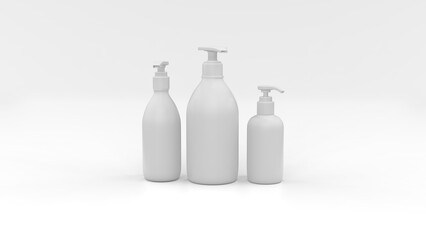 Set of cosmetic plastic bottles on a white background. Cosmetic package collection for shampoo. Isolated mockup on white background. 3d illustration.