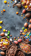 Fototapeta na wymiar Chocolate Easter eggs and candies on dark background top view.