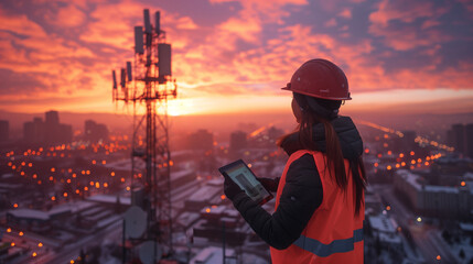 Female Engineer with Tablet Assessing Communication Tower in Winter