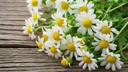 Obraz premium Chamomile flowers arranged on a rustic wooden background exude tranquility
