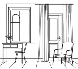 Abstract living room interior simple hand drawn illustration. Window, chair, door sketch