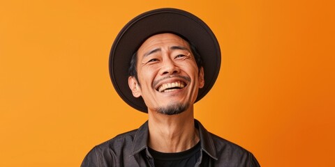 East Asian Man Smiling on Orange Background - obrazy, fototapety, plakaty