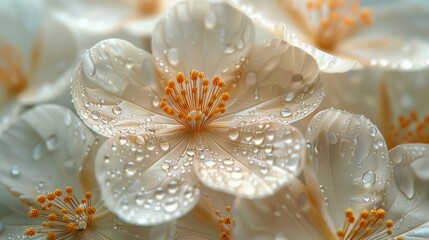  a close up of a white flower with drops of water on it's petals and the center of the petals.