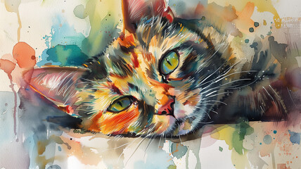 Dreamy cat gaze, surrounded by watercolor pastels, studio lit for emotive storytelling