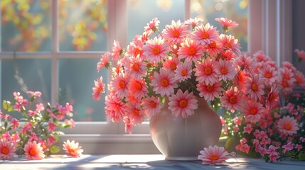  a vase full of pink flowers sitting on a window sill next to a bunch of pink and white flowers.