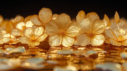  a group of yellow flowers sitting on top of a gold plated surface with a reflection of them in the water.