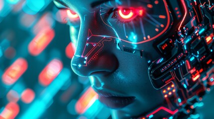 A closeup, realistic portrait of a futuristic cyborg merging with advanced technology, showcasing intricate details of mechanical and organic integration, with a backdrop of neon circuitry