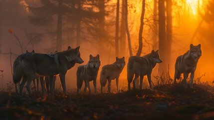 Group of wolves in the misty forest at sunset, 3d render