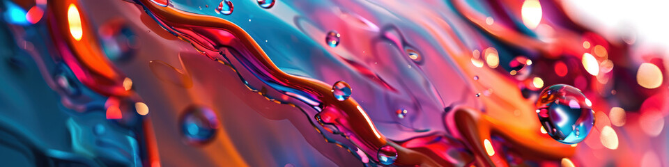 Panoramic abstract fluid art with colorful drops