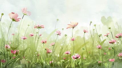 Laughing flowers in field, nature's happiness, illustration, watercolor, copy space, natural background,