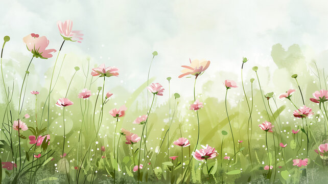 Laughing flowers in field, nature's happiness, illustration, watercolor, copy space, natural background,