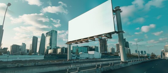 A large blank white signboard is displayed on a city bridge for marketing messages and advertisements.