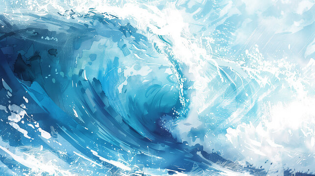 Ocean wave, marine life protection, illustration, watercolor, close angle, room for text, tranquil background,