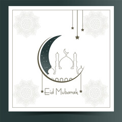 Eid Mubarak Poster design. Arabic Islamic Elegant White and Golden Luxury Ornamental Background with Islamic Pattern and Decorative Ornament Frame