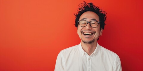 Joyful East Asian Man on Red - obrazy, fototapety, plakaty