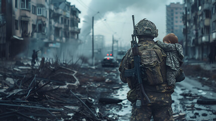  Soldier with rifle holding baby in apocalyptic city - obrazy, fototapety, plakaty