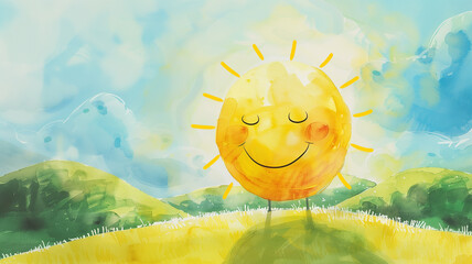 Smiling sun over hills, World Smile Day, illustration, watercolor, space for text, cheerful background,