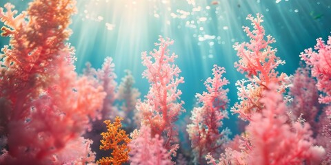 Algae in coral reef acting as a natural carbon sink by capturing carbon in underwater environment. Concept Marine Science, Coral Reefs, Algae, Carbon Sequestration, Underwater Ecosystems - obrazy, fototapety, plakaty