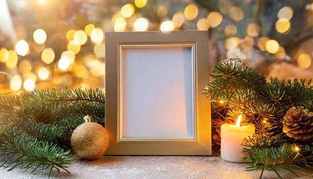mockup empty photo frame on christmas background